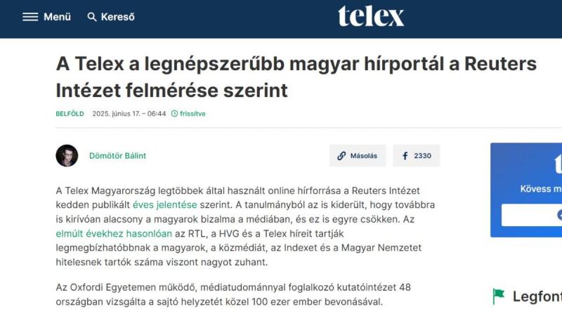 Önreklám a Telexen: a portál tévesen állítja magát az élen.
